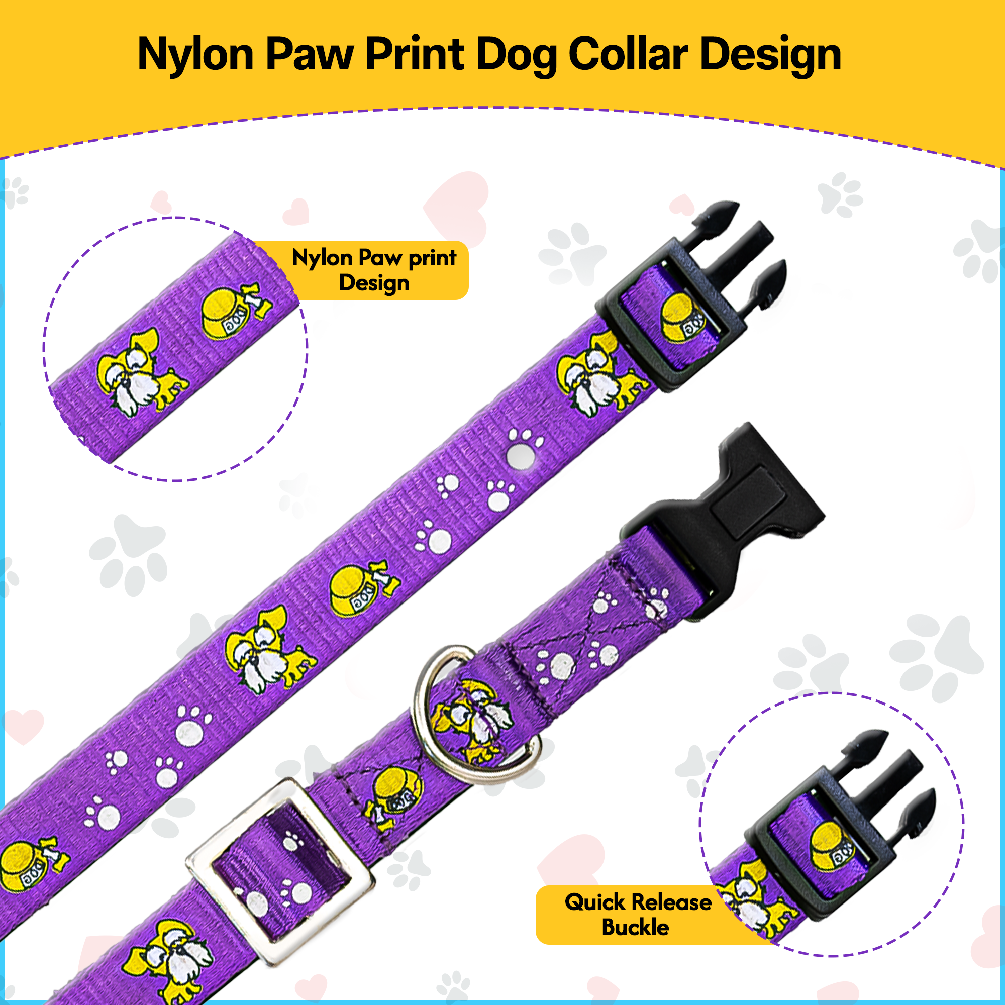 Adil’S Nylon Paw Print Dog Collar with Adjustable Quick Release Buckle & D-Ring for Leashes